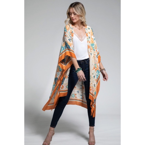 SOLD OUT Navajo Ethnic Western Orange Turquoise Open Bohemian Coverup Kimono - Picture 7 of 7